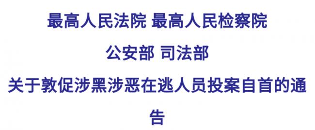 两高两部联合发布通告 敦促涉黑涉恶在逃人员投案自首